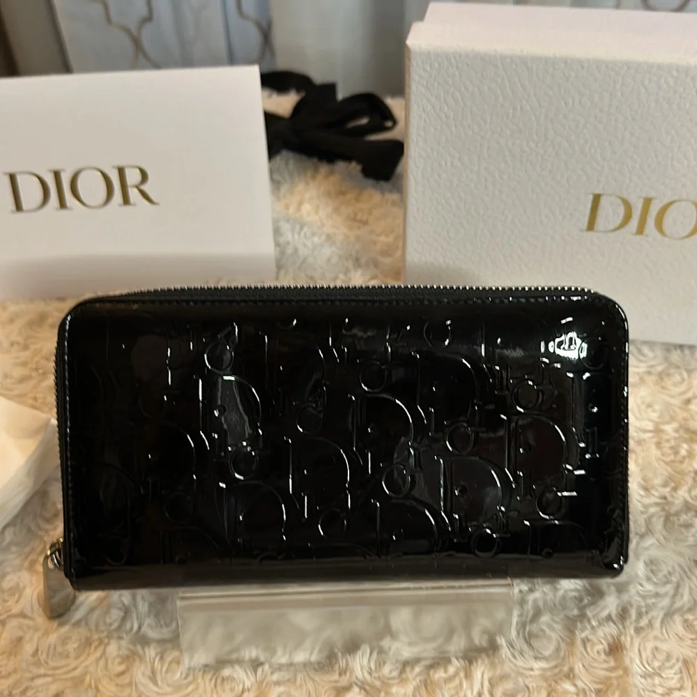 Dior zippy long wallet Lambskin Vernis leather oblique pattern Full Incl…